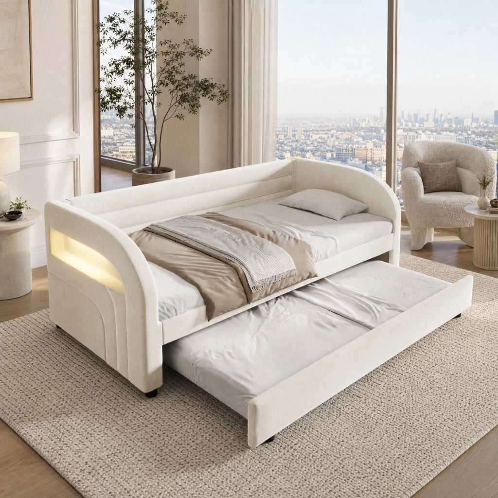Letto imbottito 90x200 cm beige con letto estraibile e LED