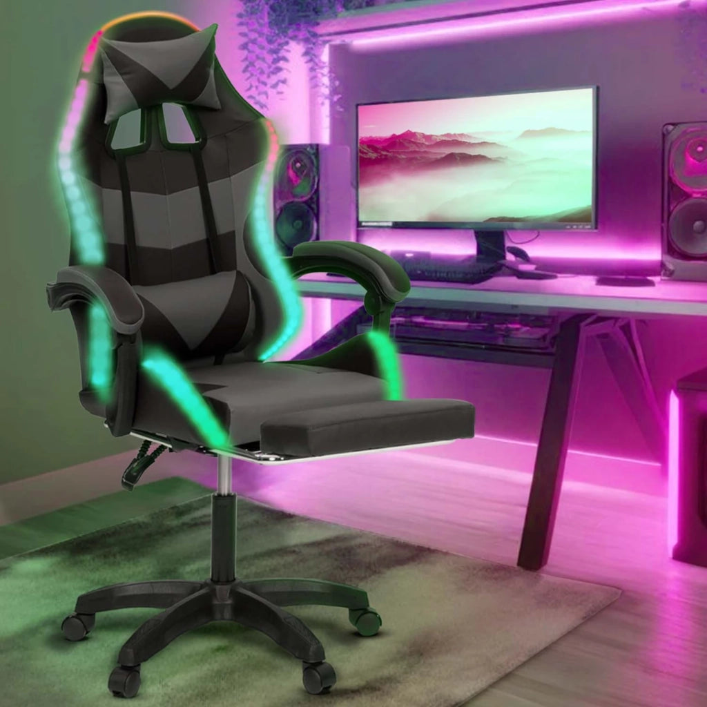IDMarket - Sedia da gioco LUC LED con poggiapiedi, cuscino per la testa e supporto lombare in nero e grigio
