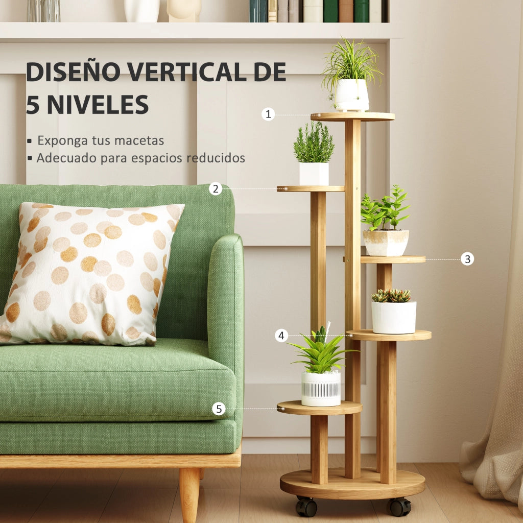 Tavolo per piante in bamb¨´ con ruote 5 livelli ¨C zephmum ¨C 33x33x90 cm