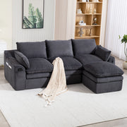 Divano modulare 3 posti con pouf, cuscini e tasche laterali, in tessuto corduroy grigio scuro per soggiorno e ufficio