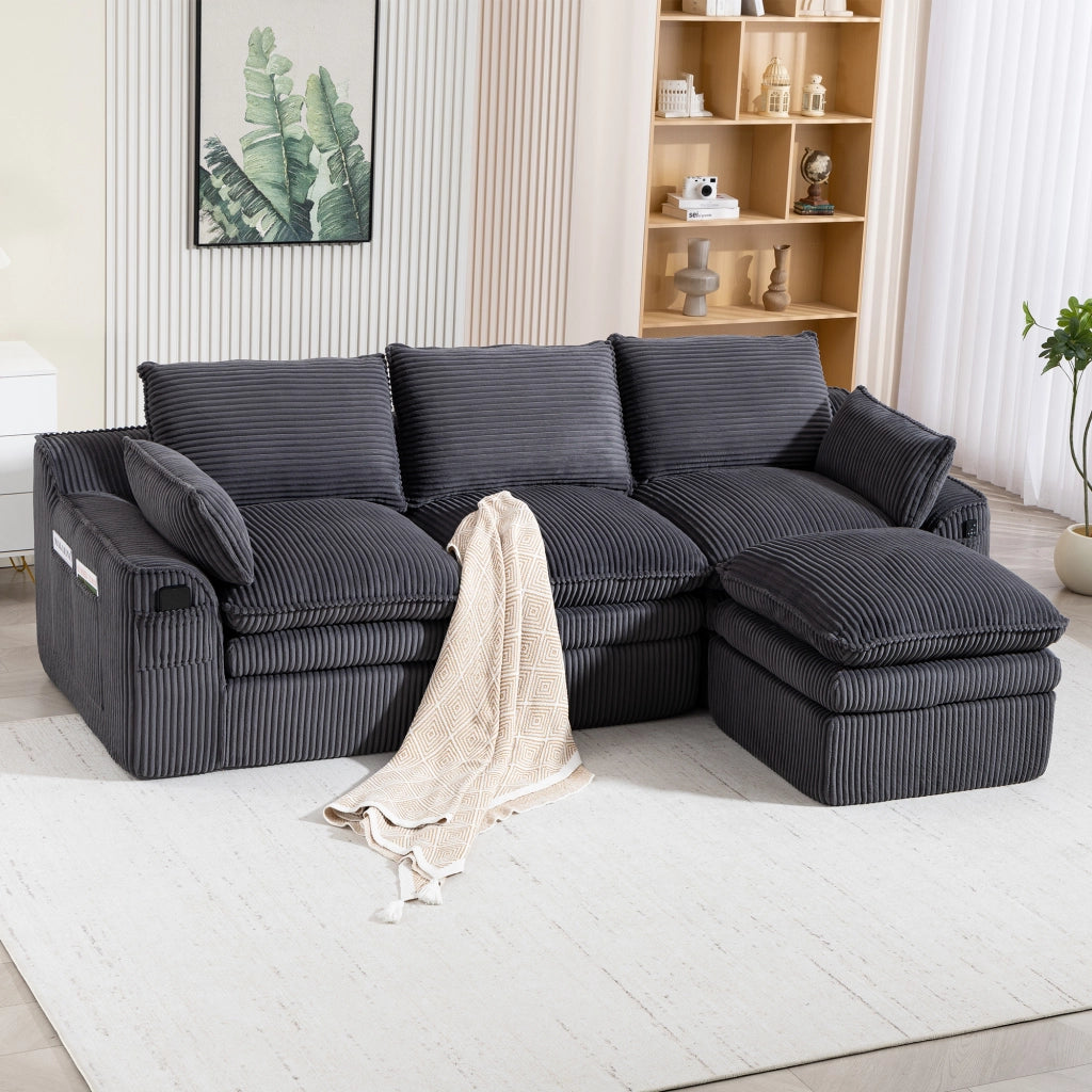 Divano modulare 3 posti con pouf, cuscini e tasche laterali, in tessuto corduroy grigio scuro per soggiorno e ufficio