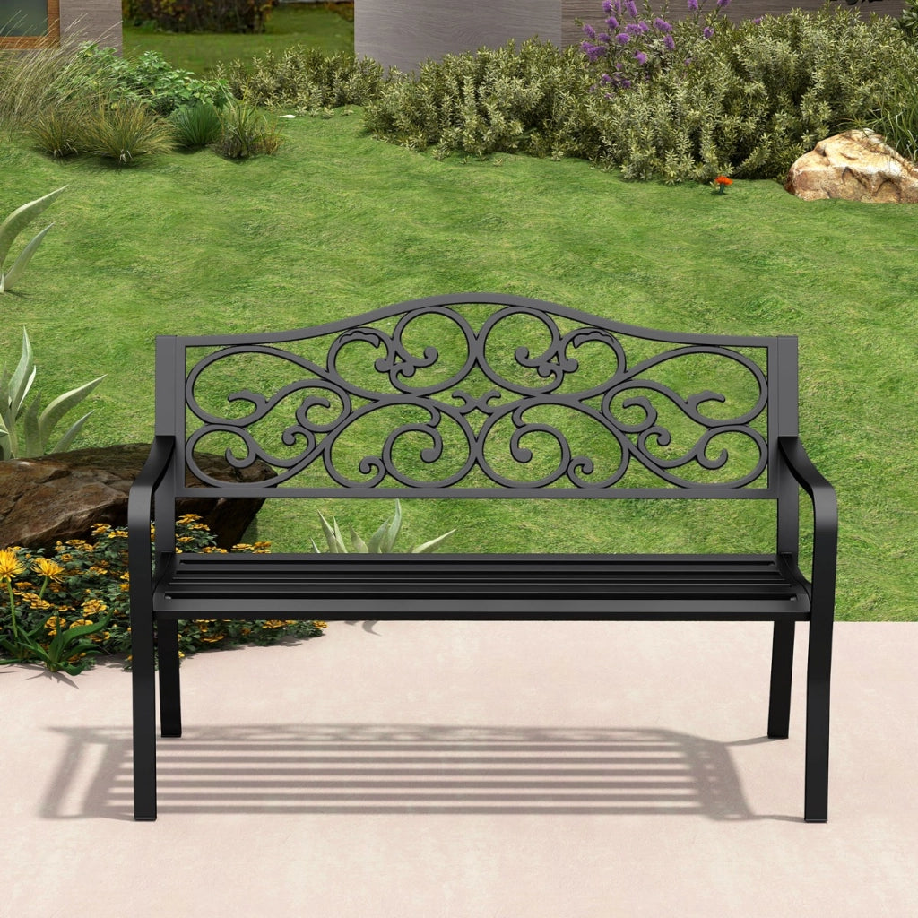 Panchina da giardino con schienale a design fiorito e seduta a listoni, Panchina da giardino da esterno da 128 cm Nero