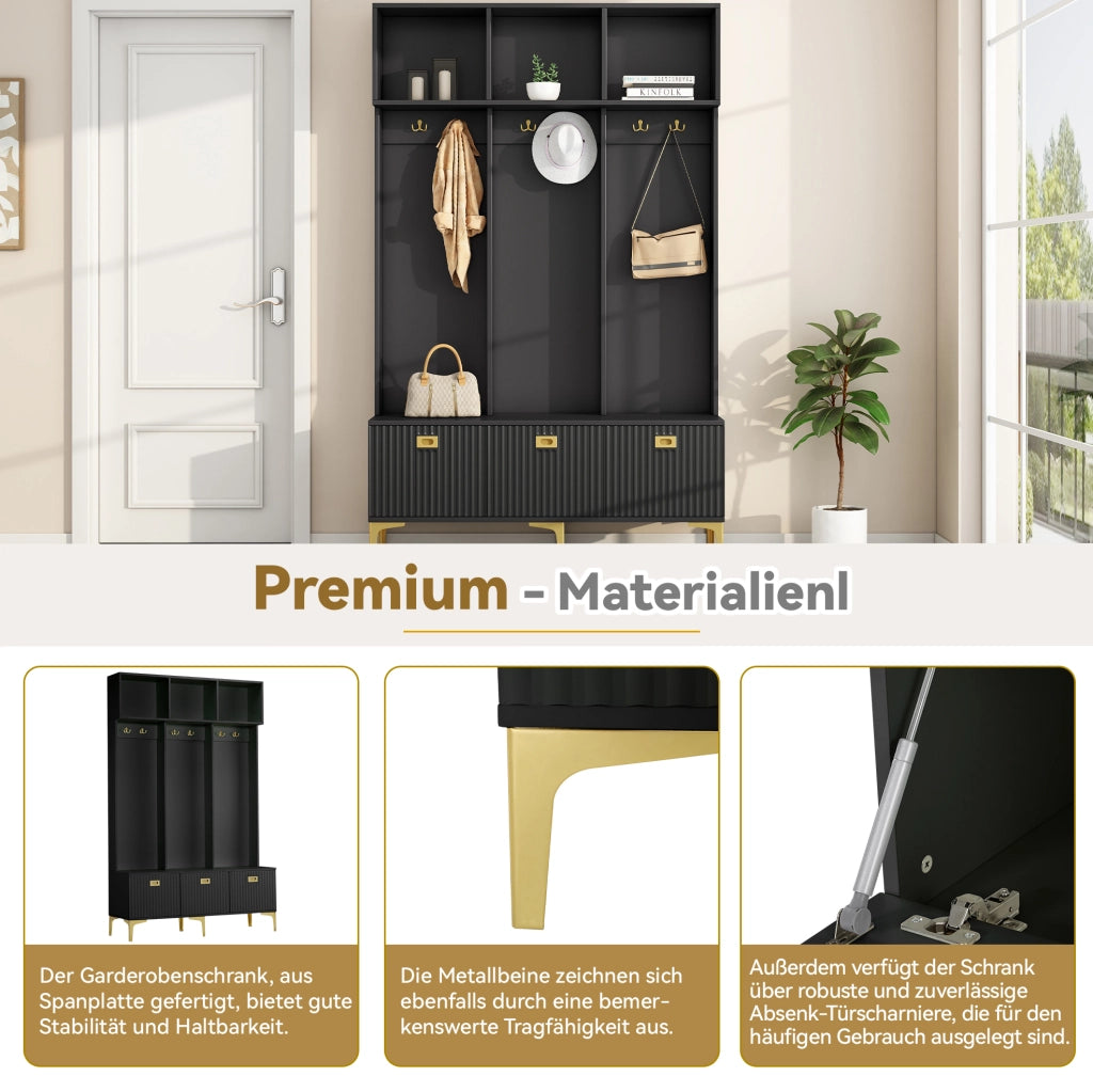 Set guardaroba con panca e scarpiera, nero, 120 × 40 × 191 cm