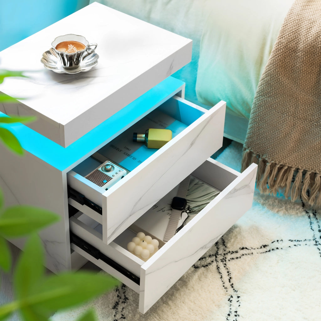 Comodino con LED regolabili, 2 cassetti e vano aperto, per camera da letto, bianco opaco, in legno ingegnerizzato