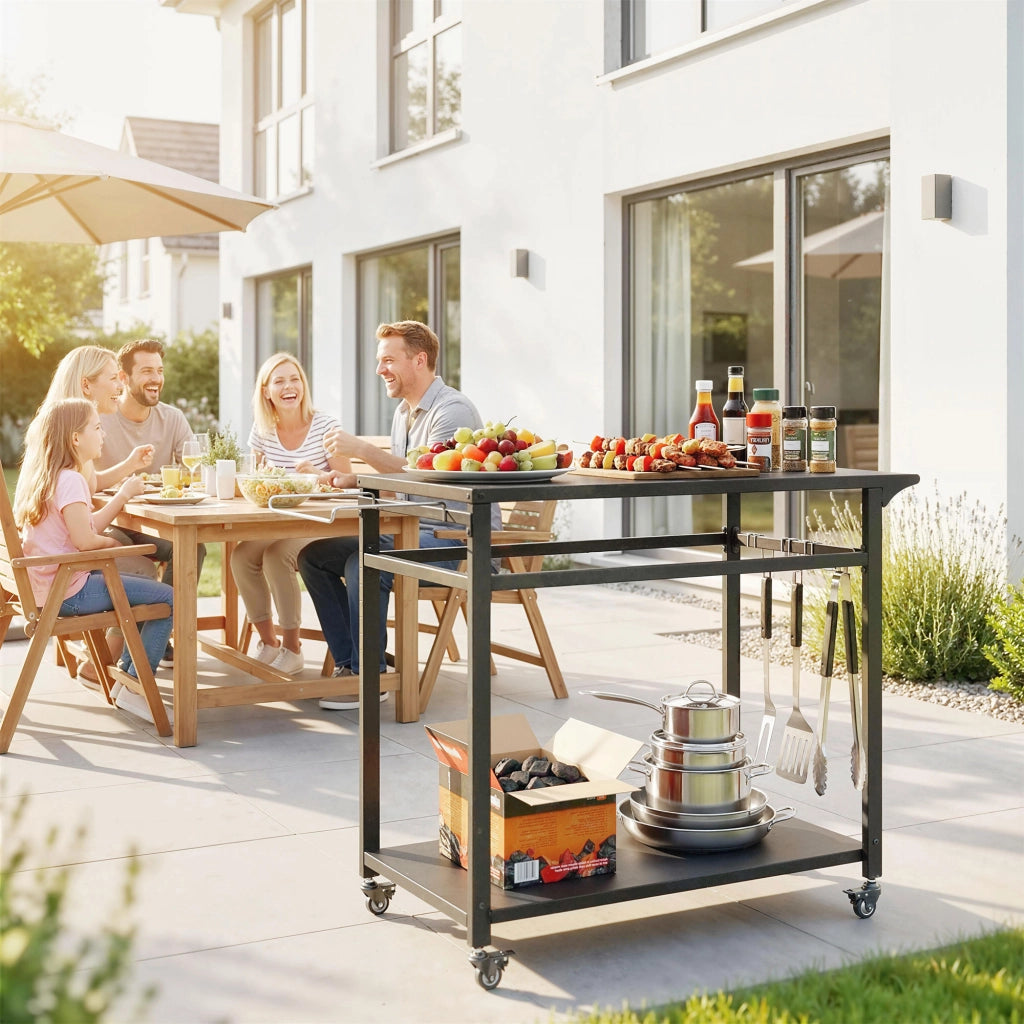 Carrello Barbecue 113x50,5x88 cm 2 Ripiani Supporto Pizza Portasacchi e Ganci in Metallo e Acciaio Nero