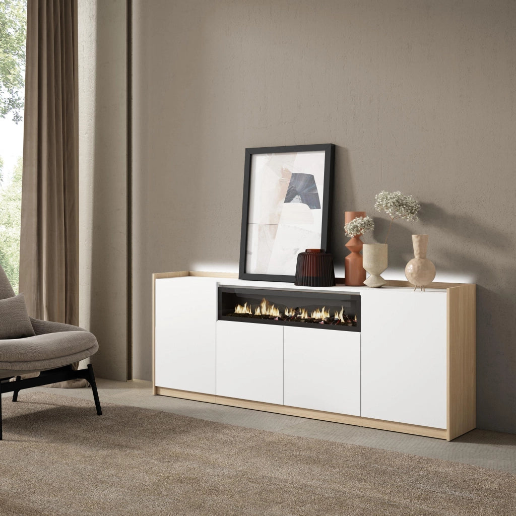 Credenza, Mobile, Cucina, 207x80x37 cm, 4 Porte, Camino elettrico, LED, Bianco e Rovere soft