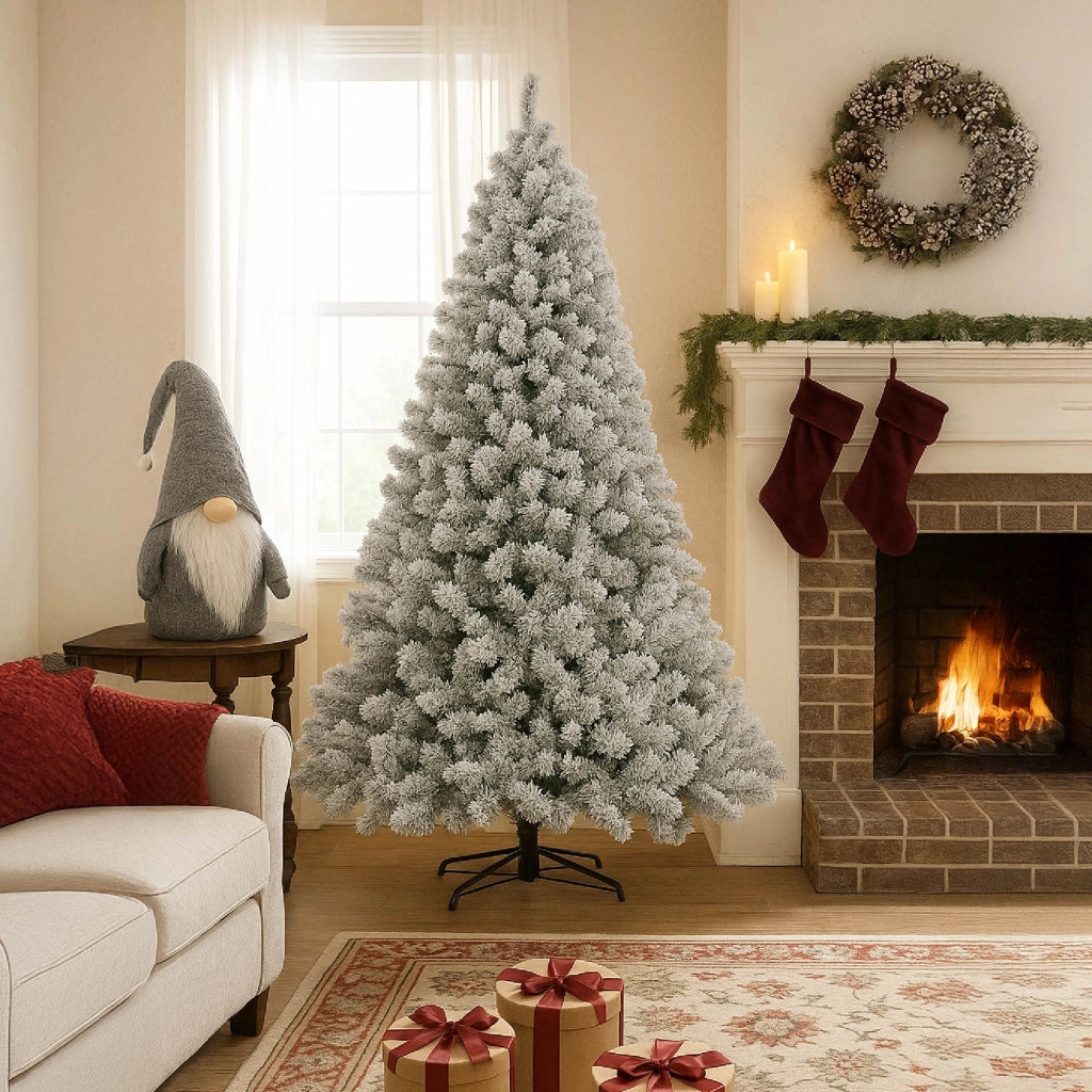 Albero di Natale Innevato Artificiale Con Effetto Neve Realistico Bianco Facile da Montare Rami Fitti Modellabili in PVC con Base in Acciaio 240 cm