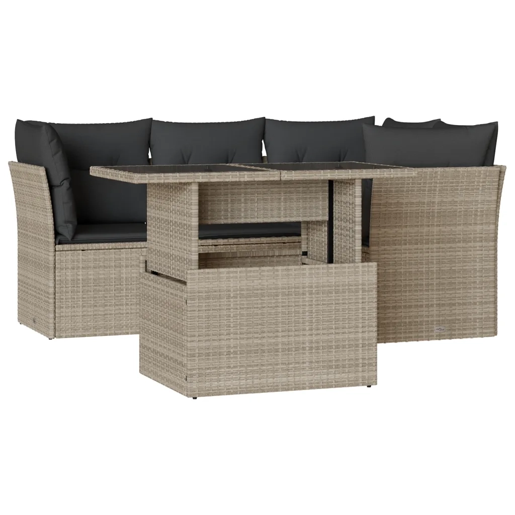 Set Divano da Giardino 5pz con Cuscini Grigio Chiaro Polyrattan