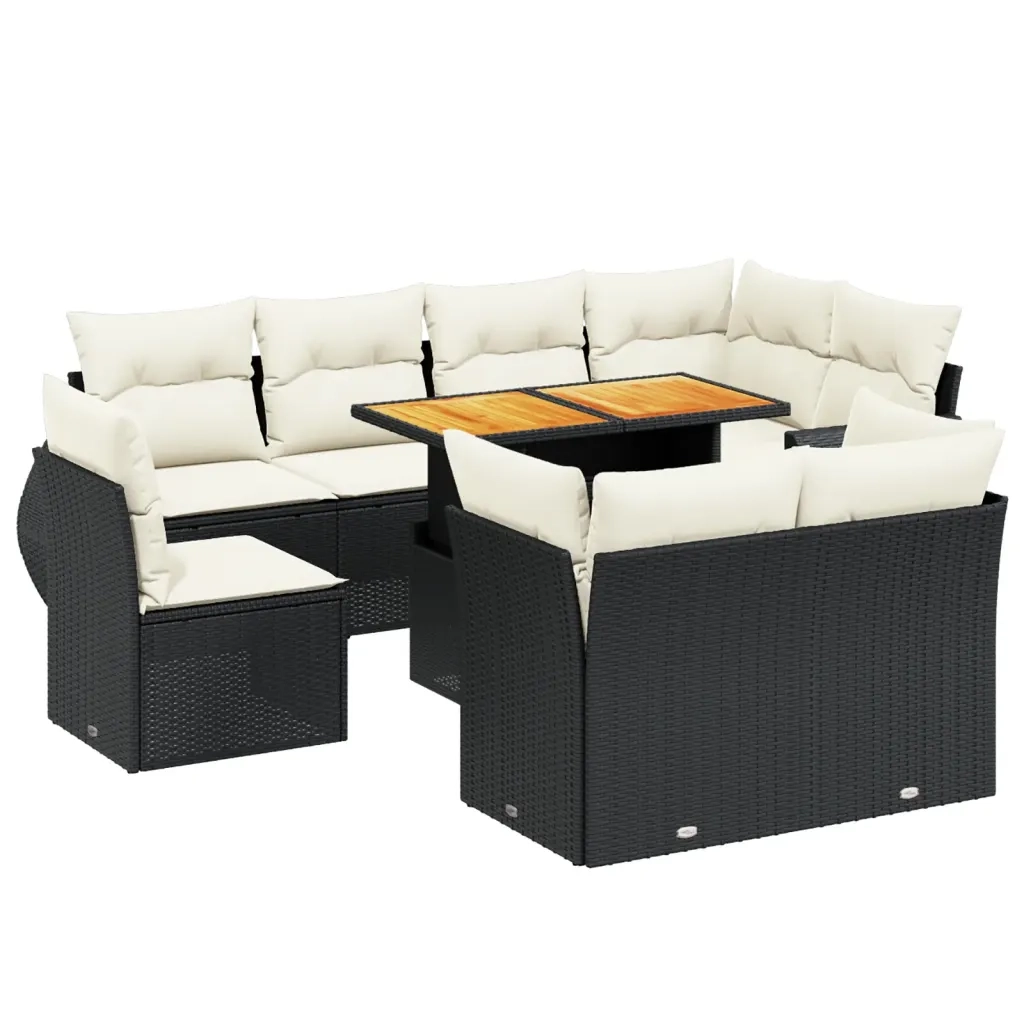 Set Divani da Giardino 9 pz con Cuscini Nero in Polyrattan