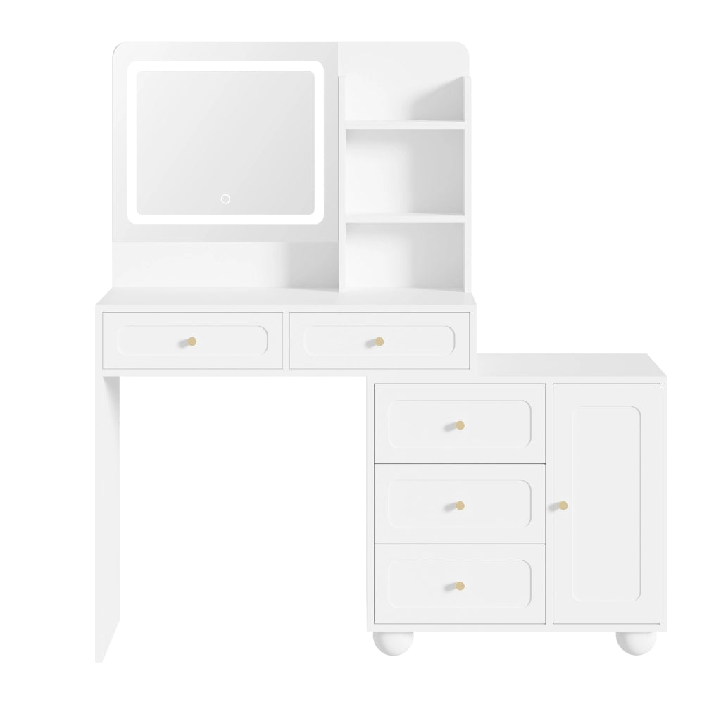 Tavolo da trucco bianco con specchio HD, 5 cassetti, 1 anta, 3 vani a giorno e illuminazione LED a 3 modalit¨¤