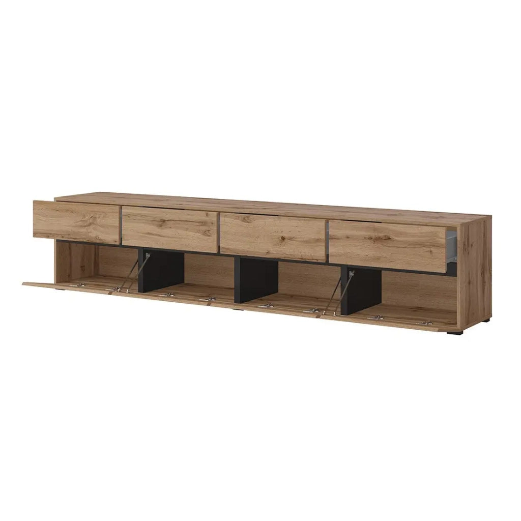 Mobile TV XL colore quercia e nero 225cm collezione HAVANA. Mobile design con 4 porte e 4 cassetti.
