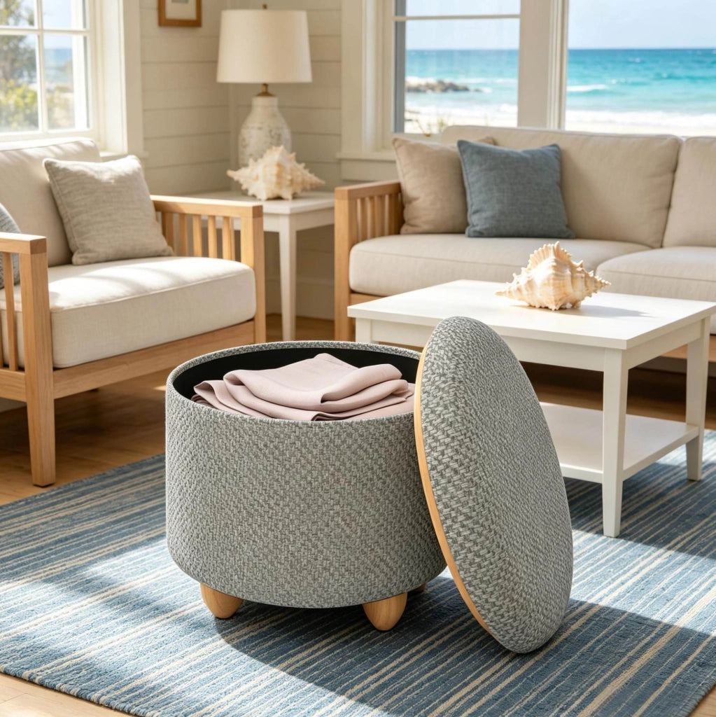 Pouf contenitore rotondo con vassoio; 39x33 cm; lino grezzo e MDF; grigio chiaro