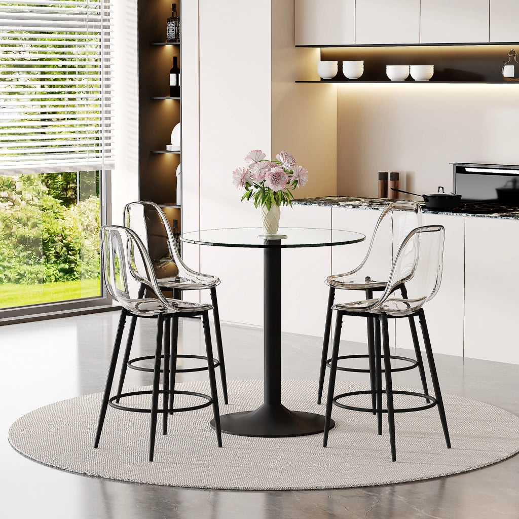 Set Tavolo Bar con 4 Sgabelli ¨C MINIMAL ¨C Piano in Vetro 89 cm, Telaio in Metallo Nero