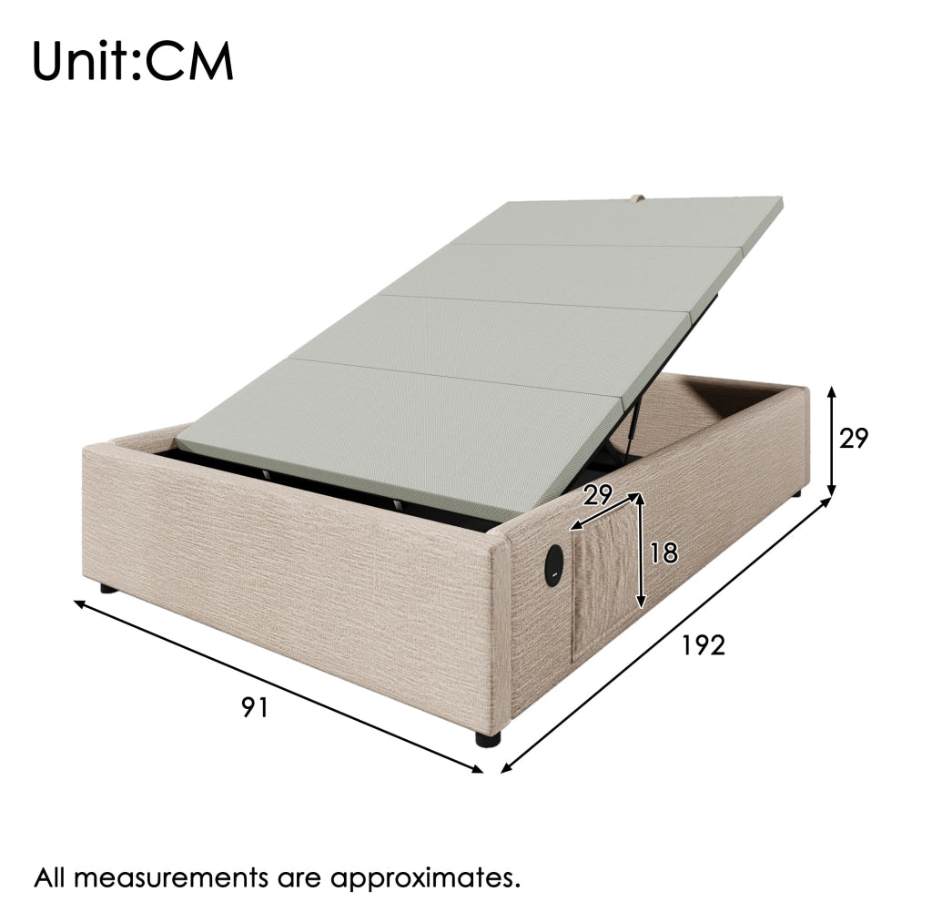 Letto contenitore singolo 90x190 cm in lino; con USB e Type-C; beige naturale