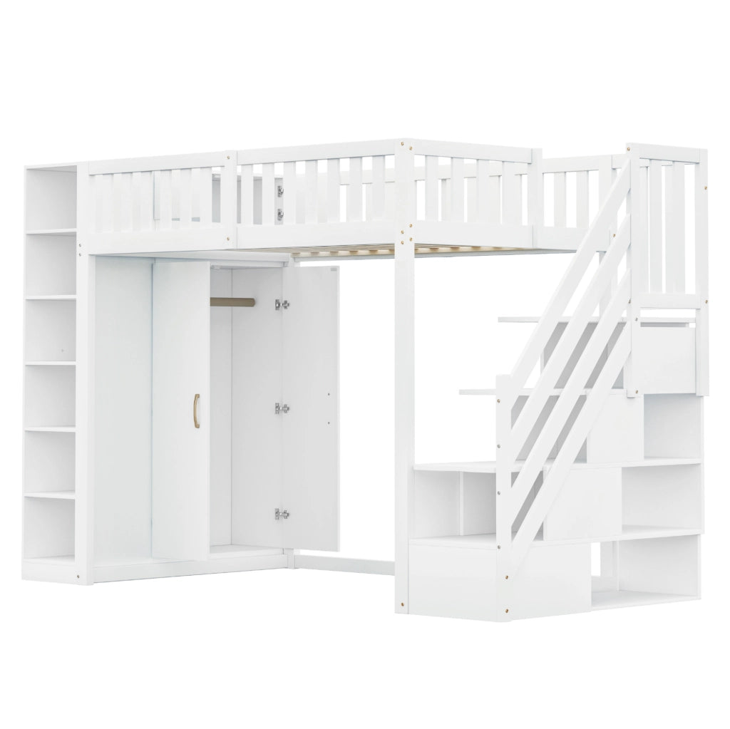 Letto a soppalco 90 x 200 cm con armadio, ripiani e scala contenitore