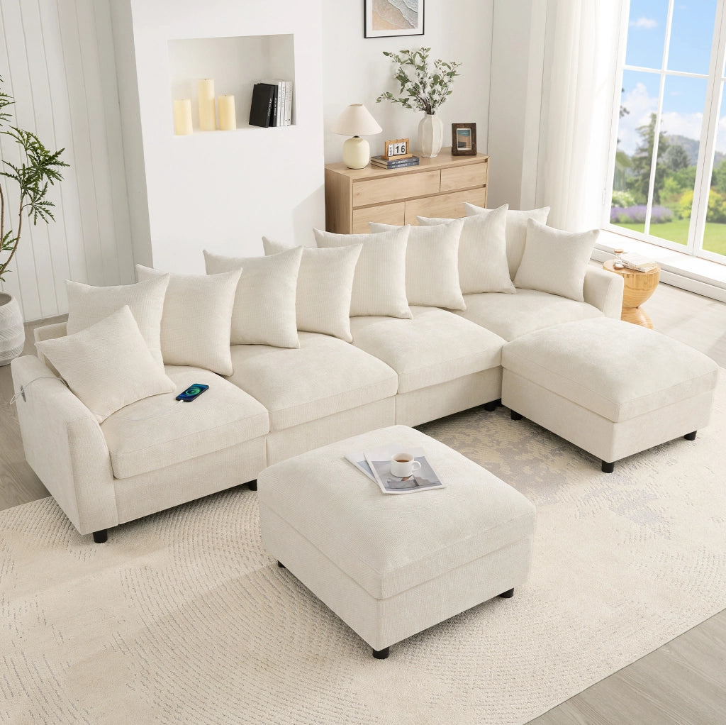 Divano modulare ULEVR 6 posti 283x153,5 cm configurabile a U o L con 2 pouf, USB e Type-C, chenille beige