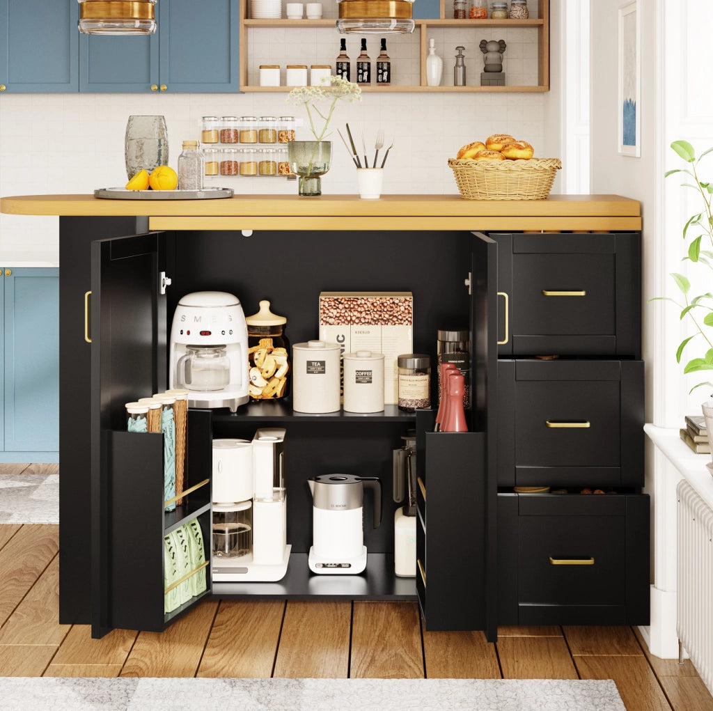 Carrello bar allungabile 135-228 cm con 2 ante e 3 cassetti nero HOMVRA