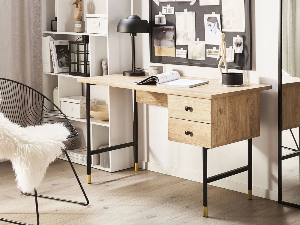 Scrivania da home office legno chiaro truciolare Nero gambe in metallo 120 x 60 cm 2 cassetti design retrò