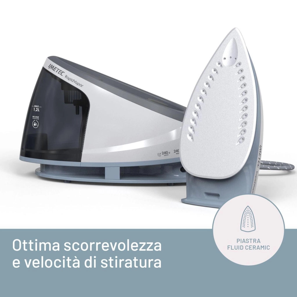 Imetec Rapidvapor Ferro da Stiro Generatore di Vapore, Piastra Fluid Ceramic a Rapido Riscaldamento, Leggero, Sistema di Pulizia Calc Clean, Colpo Vapore 240 g, 2400 W, 5 Bar Pump