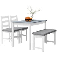 Set da Pranzo 4 pezzi, 1 Tavolo, 1 Panca, 2 Sedie, Grigio e Bianco