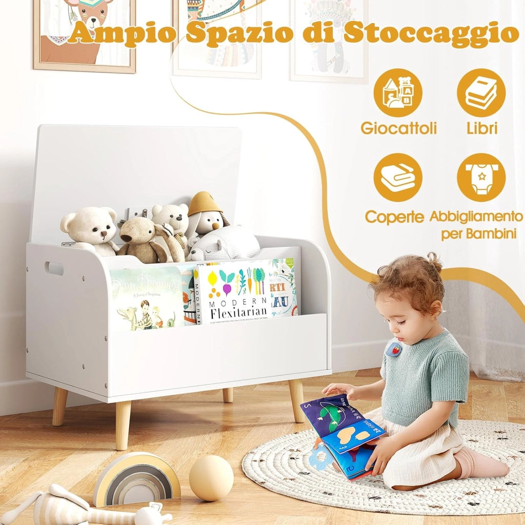 Cassapanca Portaoggetti per Bambini, con Libreria, Organizer per Giocattoli con 4 Gambe in Legno Massello e Coperchio Ribaltabile, per Sala Giochi e Asilo, 60x40x43 cm (Bianco)