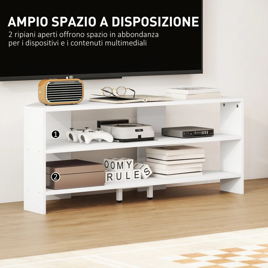 Mobile TV ad Angolo per 47" Max 110x36x45 cm con 2 Ripiani a Giorno in Legno Bianco