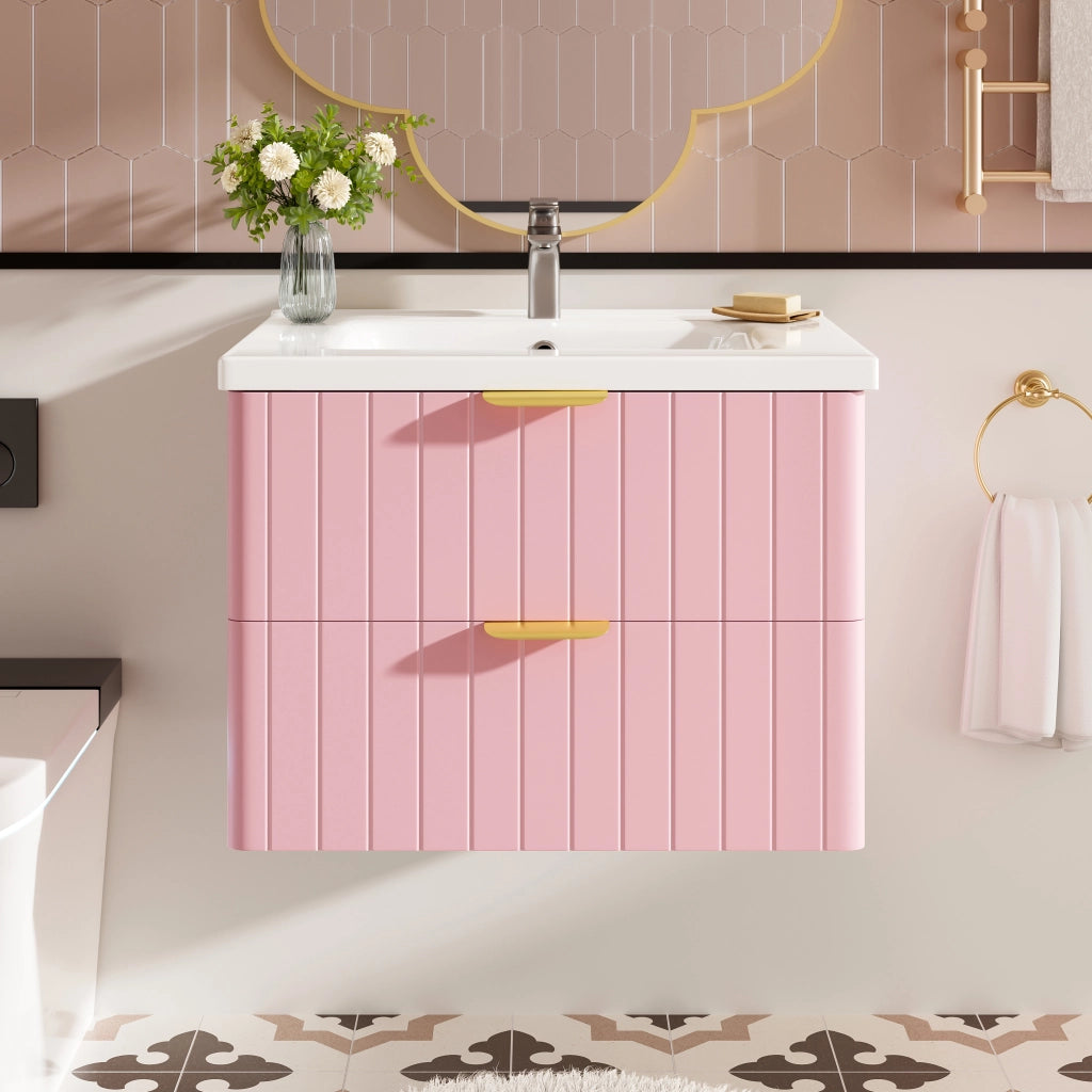 Mobile sottolavabo sospeso con lavabo in ceramica a 2 livelli in MDF rosa e bianco 28,3 kg