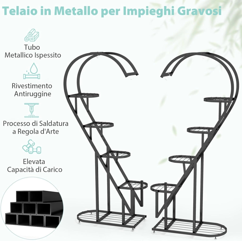 Scaffale per Piante in Metallo a 5 Livelli, Porta Piante a Forma di Cuore con Gancio, Scaffale per Fiori per Soggiorno, Camera da Letto e Balcone (Nero)