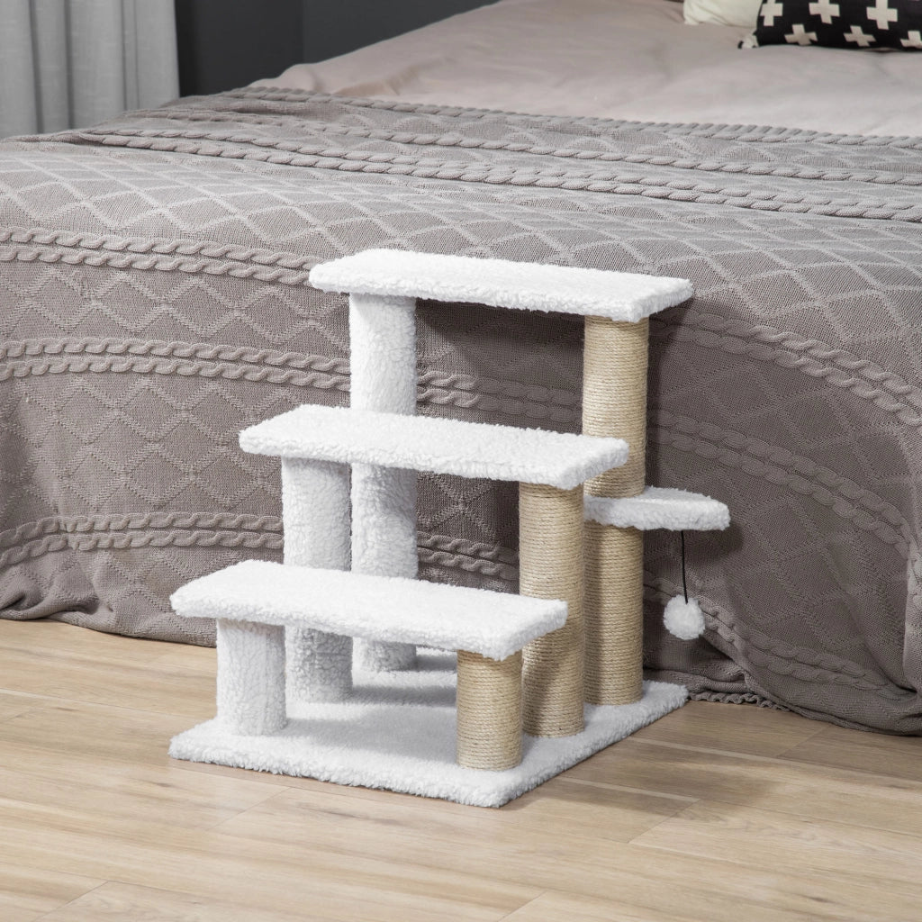 Scaletta per gatti 3 gradini con palo tiragraffi e palla ¨C zephmum ¨C 45x40x48 cm bianco