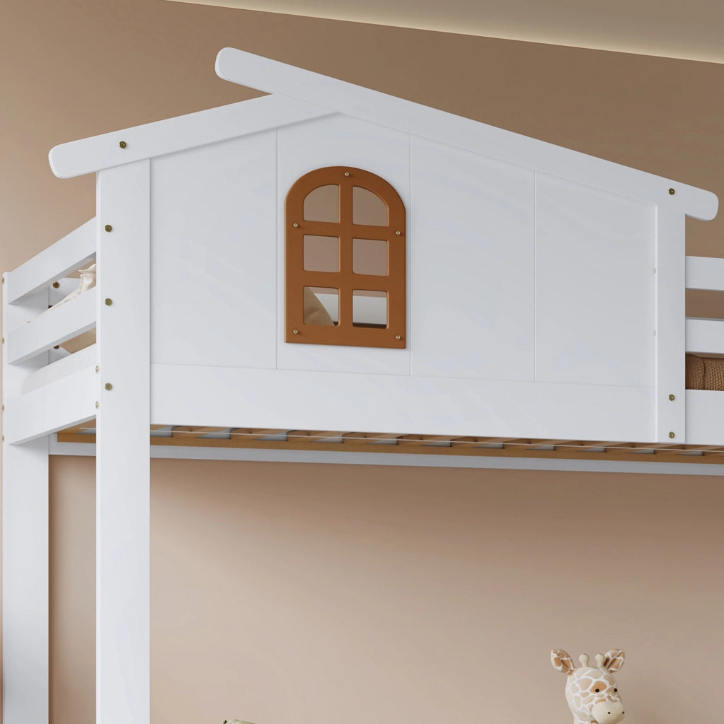 Letto a castello per bambini con 2 cassetti, scala ad angolo e finestre decorative
