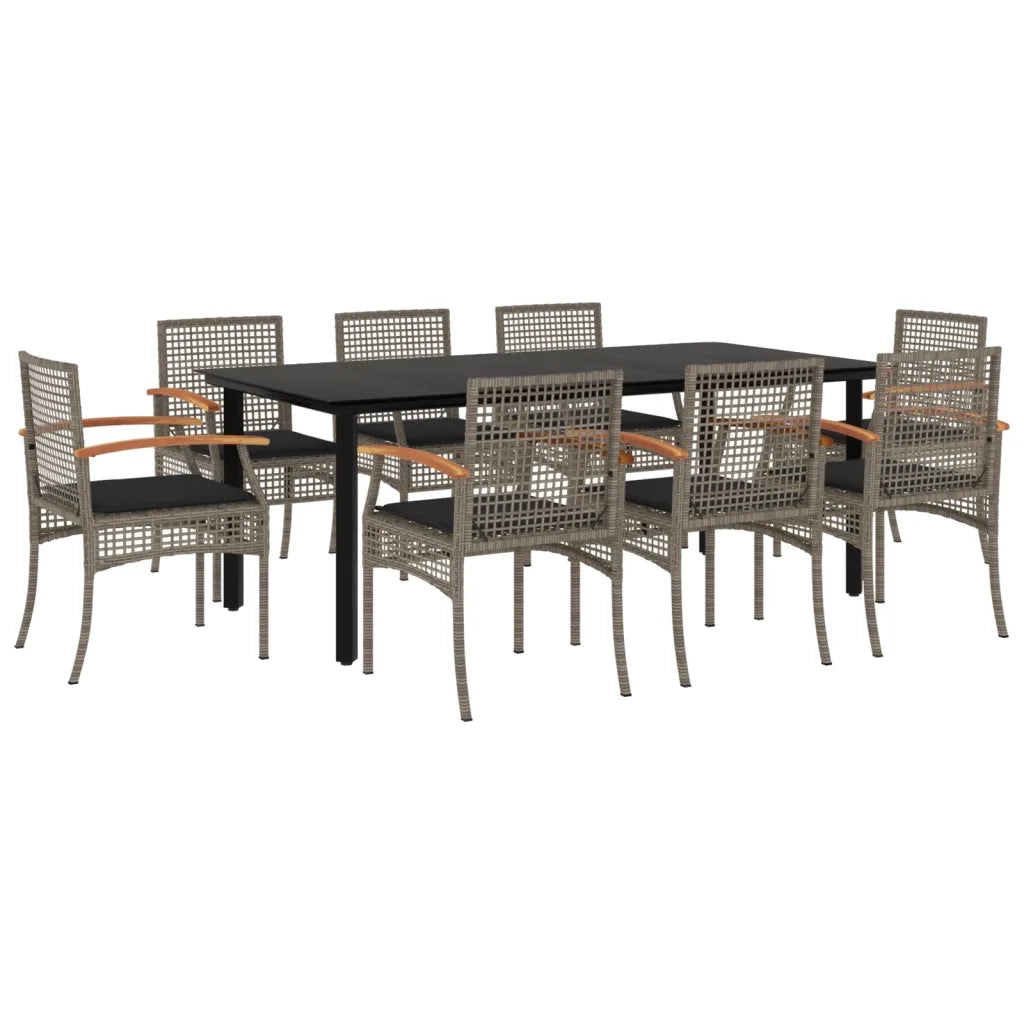 Set da Pranzo da Giardino 9 pz con Cuscini in Polyrattan Grigio