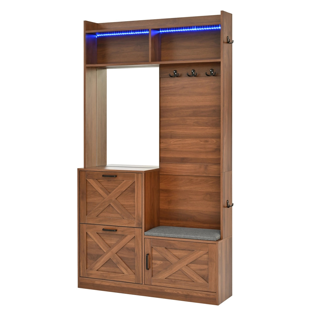 Mobile da ingresso con specchio e LED regolabile con 2 ribalte scarpiera e seduta imbottita noce 100 × 25 × 180 cm