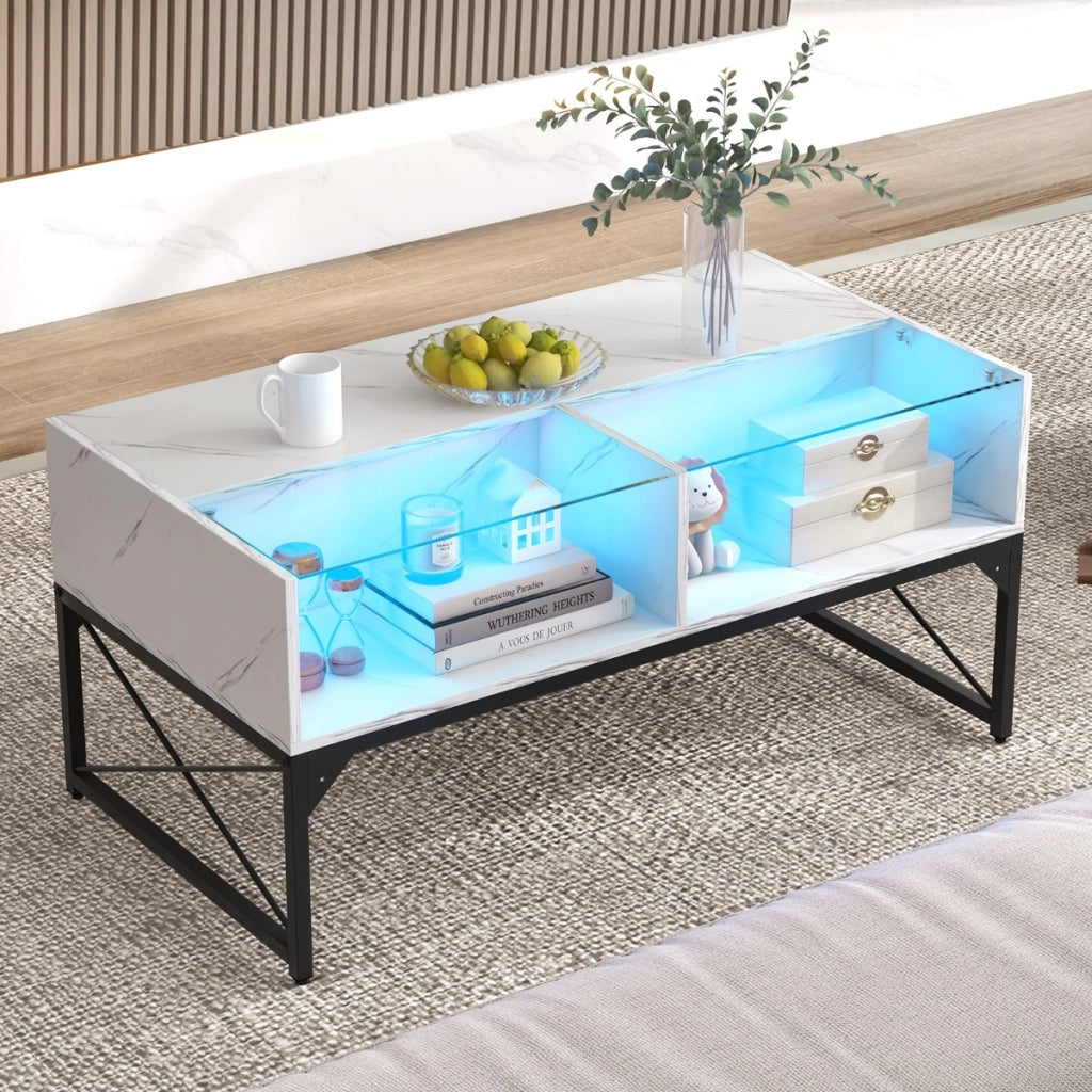 Tavolino basso con luci LED regolabili e 4 cubi di stoccaggio, Tavolino da salotto moderno con elecomando Bianco