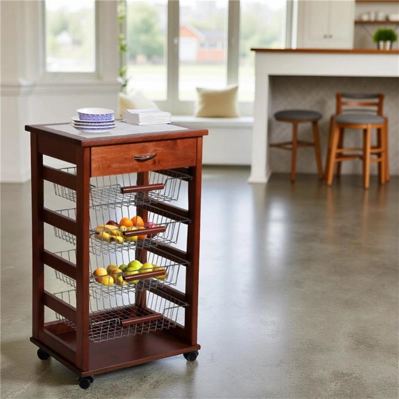 CARRELLO VESUVIO CON CASSETTO CILIEGIO INTERAMENTE IN FAGGIO E BASE INFERIORE IN BETULLA 1 CASSETTO PIANO MATTONELLE IN CERAMICA
