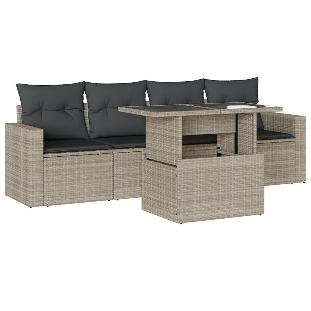 Set Divano da Giardino 5pz con Cuscini Grigio Chiaro Polyrattan