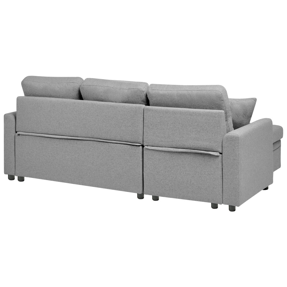 Divano letto angolare con contenitore lato destro grigio rivestimento in poliestere effetto lino contenitore cuscini design moderno