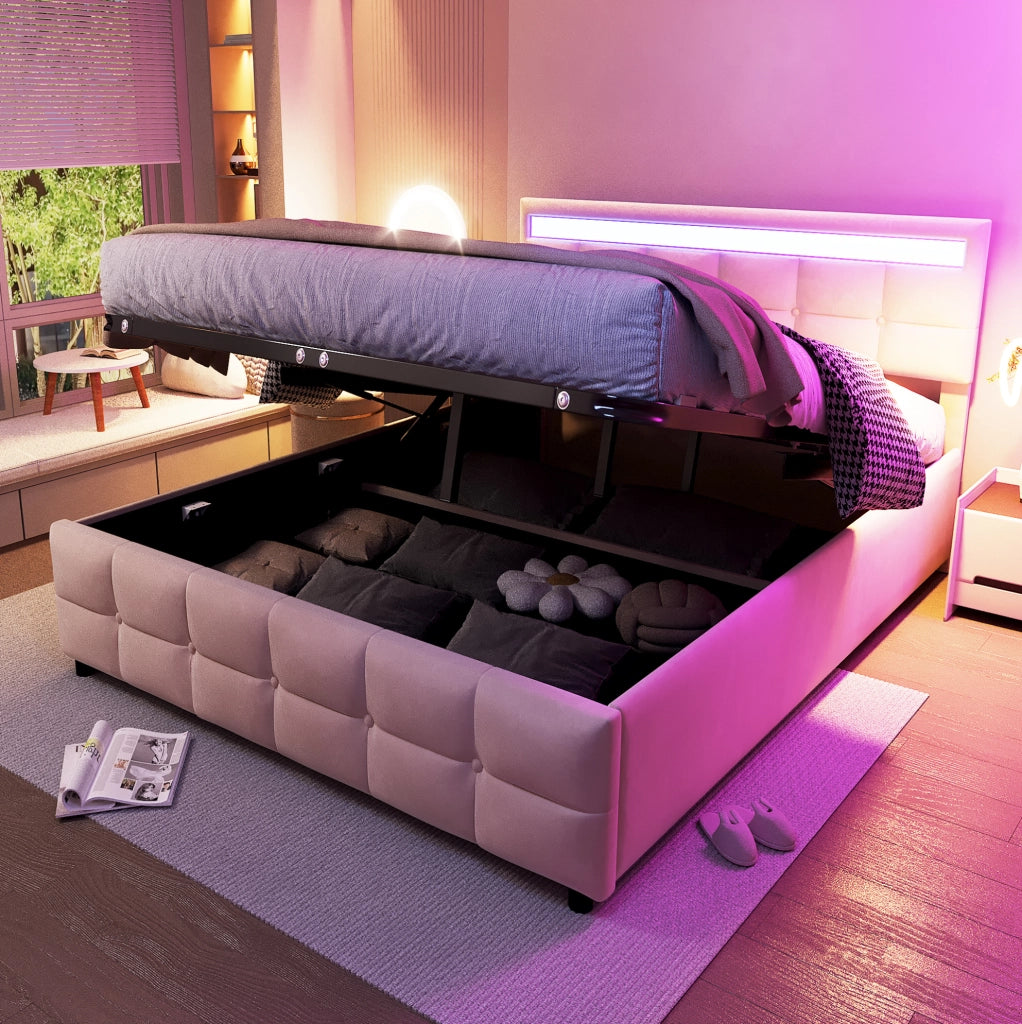 Letto imbottito 180x200 cm con LED; contenitore idraulico e rete a doghe; beige