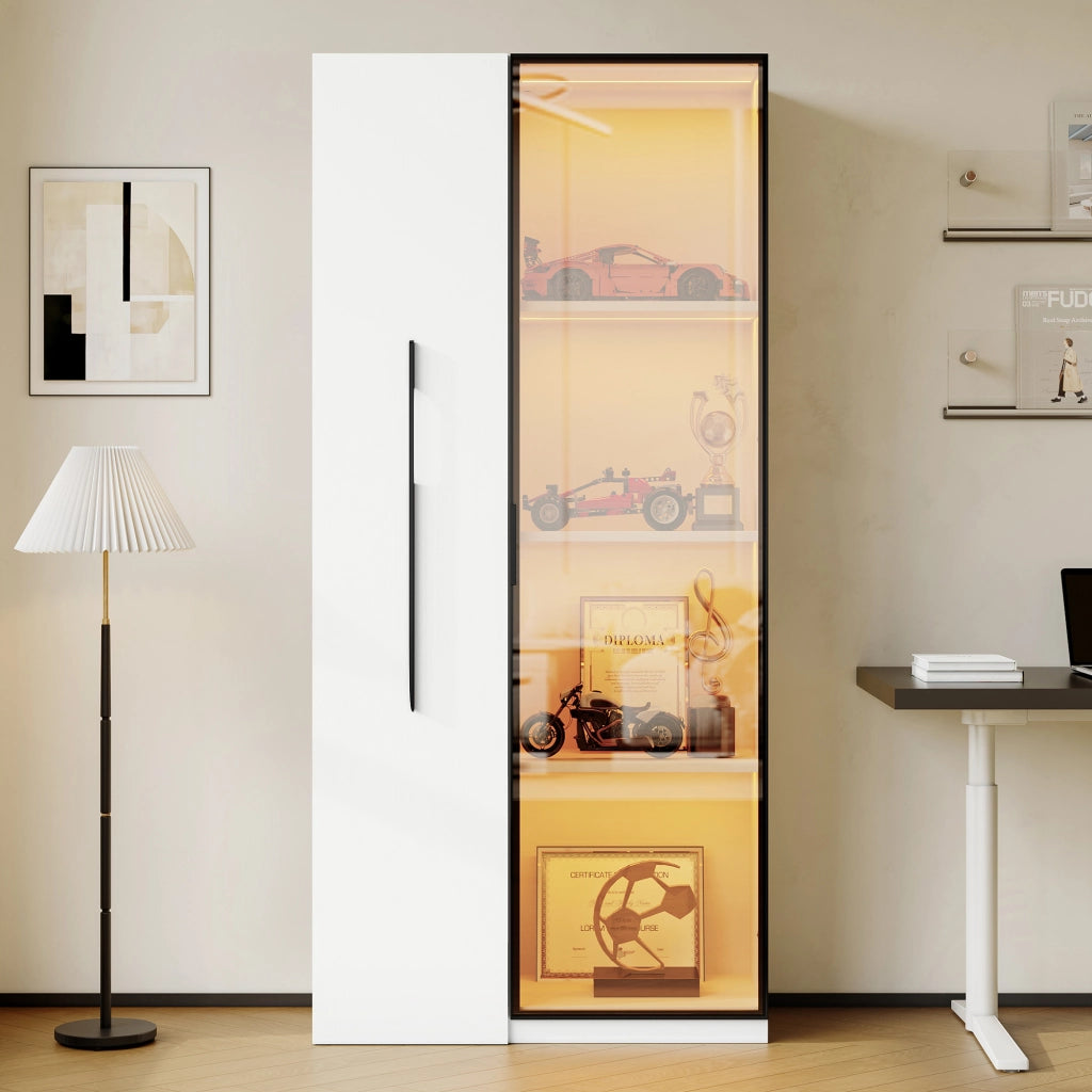Libreria Vetrina con 1 Anta; cassetto laterale estraibile con ruote e LED; in MDF; Bianco; 70??40??160 cm
