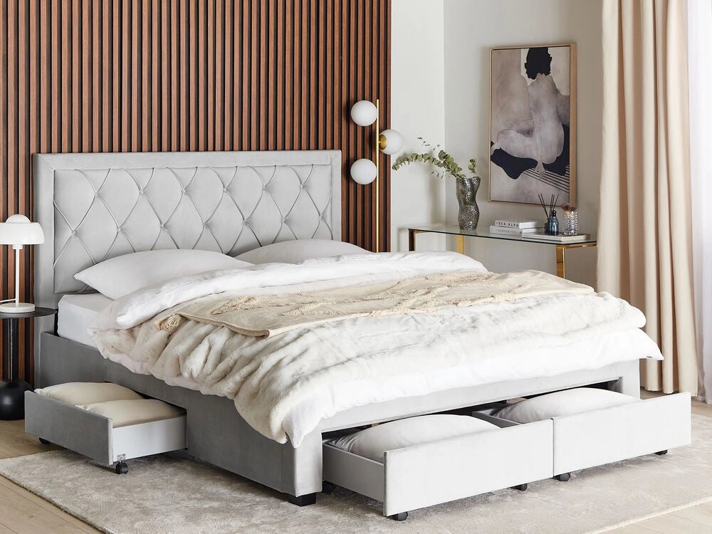 Letto contenitore tappezzeria in velluto grigio chiaro 180 x 200 cm trapuntato testiera alta cassetti Glam Design