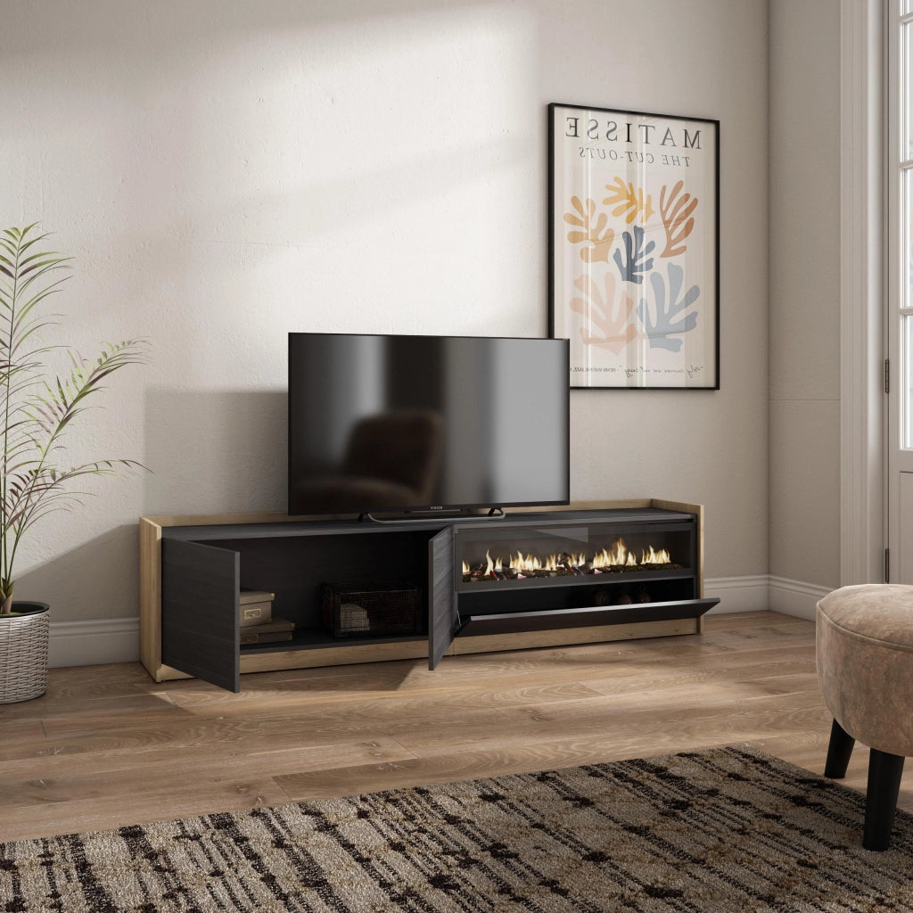 Mobile TV Soggiorno, 207x50x37 cm, Per TV fino a 80", Camino elettrico, Nero e rovere