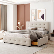 Letto imbottito 140x200 cm beige con testiera, rete a doghe e 4 cassetti