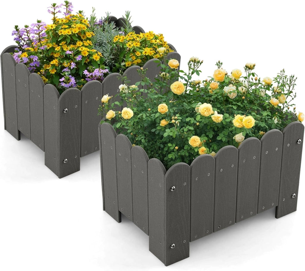 Set di 2 Fioriere in HDPE Resistente alle Intemperie con Aperture per Drenaggio, Aiuola Rialzata per Verdure, Fiori e Piante su Terrazzo, Giardino e Balcone, 45 x 32 x 30 cm (Grigio)