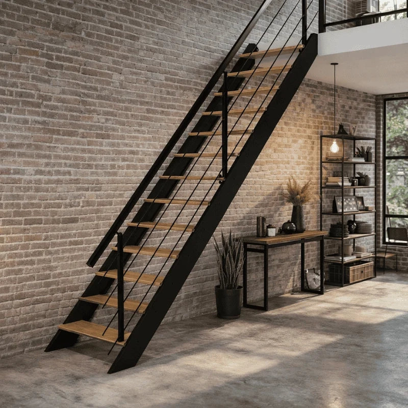 DIVERSO - Scala dritta in legno con LED integrati, nera con balaustra
