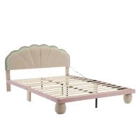 Letto imbottito con strisce luminose multicolore e testiera ondulata, senza materasso, 140×200 cm, Bianco+Rosa