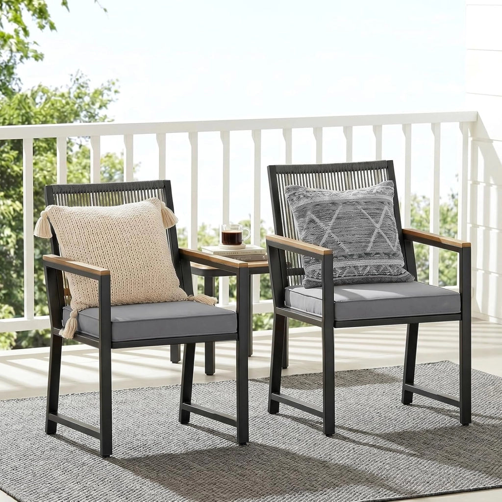 Set di 2 sedie da giardino in rattan, resistenti alle intemperie, con braccioli in WPC, sedie per esterni con cuscino rimovibile, sedie da pranzo in metallo, portata fino a 160 kg, per