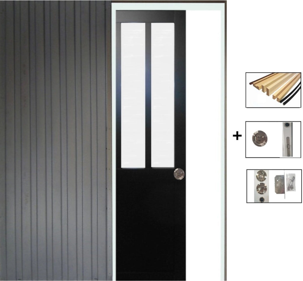 Porta Scorrevole Workshop Nero vetro satinato H204 x L83 + Sistema Pocket e kit di finitura inclusi senza maniglia