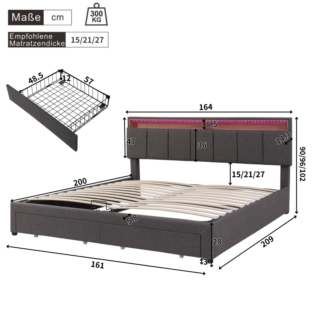 Letto imbottito 160x200 cm con LED; rete a doghe; vano contenitore; lino grigio scuro