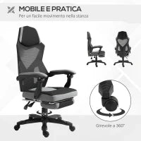 Vinsetto Sedia da Ufficio Ergonomica con Schienale Reclinabile, Poggiapiedi Retrattile, Altezza Regolabile, Grigio