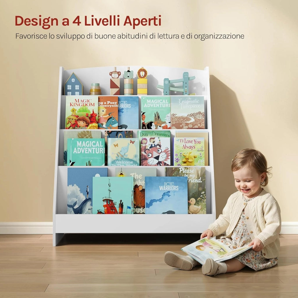 Scaffale Portagiochi Bambini con 4 Scomparti Aperti, Libreria Montessoriana in MDF con Antiribaltamento, 61 x 30 x 70 cm, Bianco
