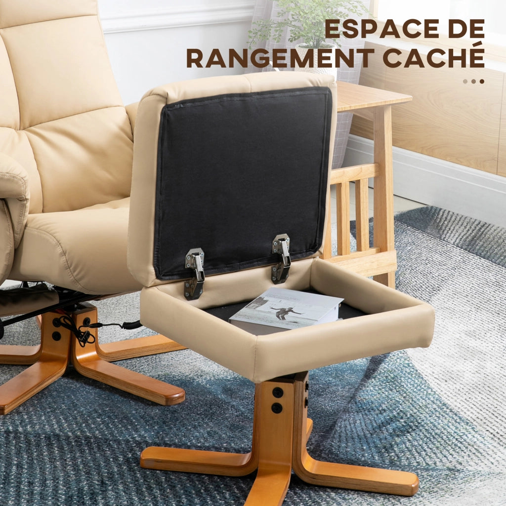 Poltrona Massaggiante Reclinabile Girevole con Pouf ¨C Zephmum ¨C Cr¨¨me 80x86x99 cm